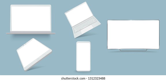 Vector minimalistic 3d isometric illustration set device. Smartphone, laptop, tablet, tv perspective view. Side and top view. Mockup generic device. 