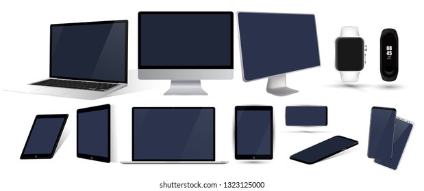 Vector minimalistic 3d isometric illustration set device. Smartphone, laptop, tablet, tv perspective view. Side and top view. Mockup generic device. Template for infographics or presentation