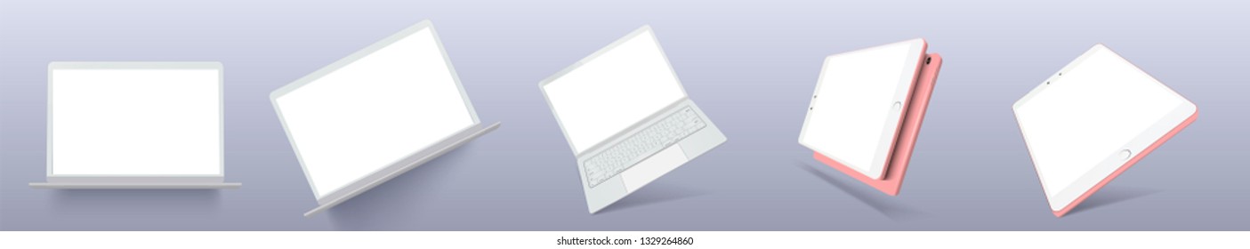 Vector minimalistic 3d isometric illustration set device. Laptop, tablet perspective view. Side and top view. Mockup generic device. Template for infographics or presentation