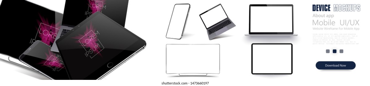 Vector minimalistic 3d isometric illustration set device. Smartphone, laptop, tablet, tv perspective view. Side and top view. Mockup generic device. Template for infographics or presentation 