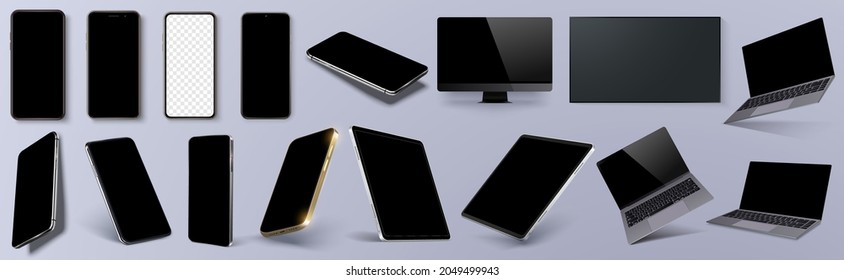 Vector minimalistic 3d isometric illustration set device. Smartphone, laptop, tablet, tv perspective view. Side and top view. Mockup generic device. Axonometric view of the device. Vector illustration