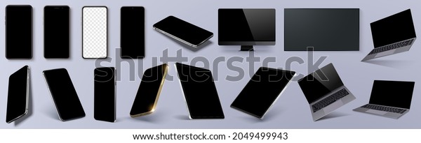 Vector minimalistic 3d isometric\
illustration set device. Smartphone, laptop, tablet, tv perspective\
view. Side and top view. Mockup generic device. Axonometric view of\
the device. Vector\
illustration
