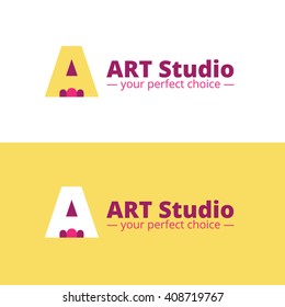 Vector minimalistic art studio logo. Negative space pencil and A letter logo