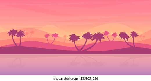 Vector minimalistic background in a flat style. Beach and palm trees