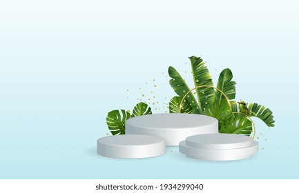 Banner de vectores minimalista con hojas 3d y pasarela para su producto. Diseño botánico exótico para cosméticos, spa, salón de belleza, agencia de viajes, floristería. Composición horizontal con espacio para texto