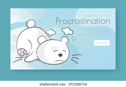 Vector Minimalistic Banner With A Lazy Or Tired White Bear. Flat Funny Illustration About Procrastination. Sad Wild Animal Lies With Closed Eyes. Sleepy Baby Polar Bear. Landing Page. Deep Dream.