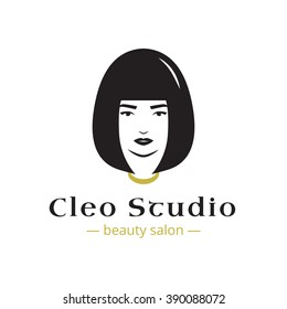 Vector minimalistic beauty studio logo in black and gold colors. Beautiful woman head logo. Spa salon logo template.