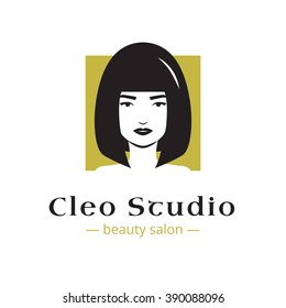 Vector minimalistic beauty studio logo in black and gold colors. Beautiful woman head logo. Spa salon logo template.