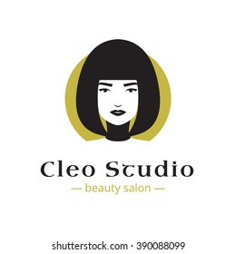 Vector minimalistic beauty studio logo in black and gold colors. Beautiful woman head logo. Spa salon logo template.