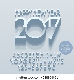 Vector minimalistic blue Happy New Year 2017 greeting card with set of letters, symbols and numbers. File contains graphic styles