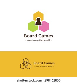 Vector minimalistic Board Games shop logo. Games logotype with three tiles and counter figure as a keyhole. Flat colorful games store sign with outline version.