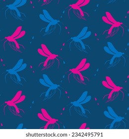 Vektorminimalistische fette Insekten nahtlos Muster. Flache rosa und blaue Mücken mit Tropfen auf blauem Hintergrund. Trendy y2k pop Design. Ideal für die Innendekoration, Kindertextilien, Wickelpapier
