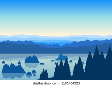 Vector minimalistic calm landscape. Mountains and lake