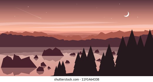 Vector minimalistic calm landscape. Mountains and lake
