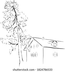 Vector minimalistic card wth line art house and tree. Hand painted linear composition on white background. Contour illustration for design, print, fabric or background.
