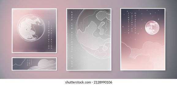 Vector minimalistic cards in grey-pink gradient with night sky and full moon. For elegant and delicate posters, cards, invitations.