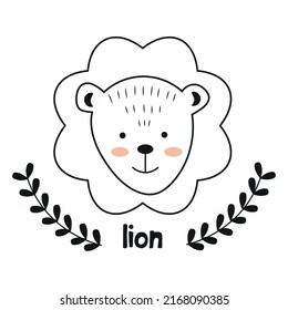Carácter vectorial minimalista en estilo doodle.  Animales de dibujos animados con inscripciones y brotes de plantas.  León aislado con fondo blanco.  Ilustración plana para su creatividad.