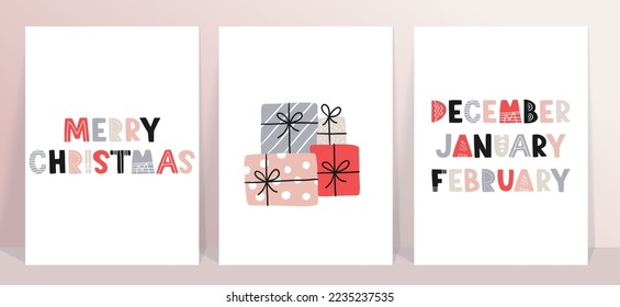 Vector minimalistic collection of Christmas posters. New year 2023 set of christmas greeting cards. Scandinavian desigh for your invitation cards, brochures, poster, t-shirts, mugs