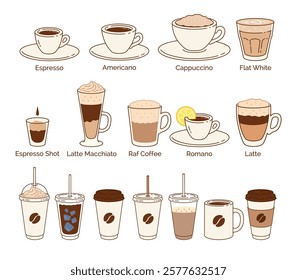 Vector minimalistic color line art illustration collection of coffee cups