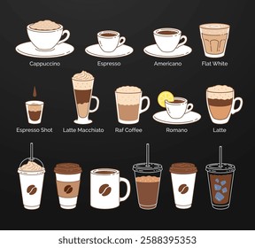 Vector minimalistic color line art illustration collection of coffee cups on blackboard background