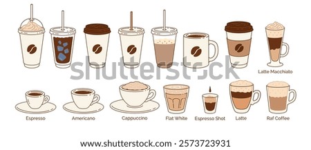 Vector minimalistic color line art illustration set of coffee cups