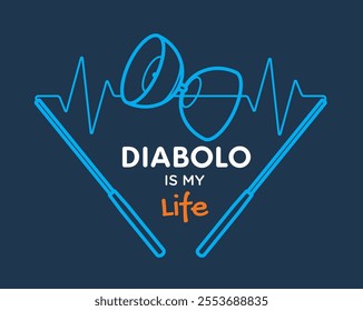 Vector minimalistic design of a devil with hulks where the string represents the beating heart beat. Text: Diabolo is my Life. Isolated on blue background