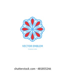 Vector minimalistic design. Vintage brand name, emblem. Logo for flower shop, interior. Company mark, emblem, element. Simple geometric mandala logotype. Kaleidoscope big bud. Abstract blossom.