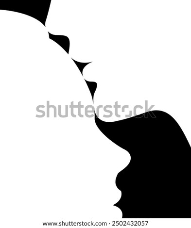 vector minimalistic elegant black and white illustration of silhouette of two people in love isolated on black background. man tenderly kissing woman on forehead. useful for Valentine's day cards, pri