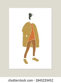 Vector minimalistic fashion woman silhouette portrait. Autumn, winter or spring concept. Natural texture. Print for poster, card.