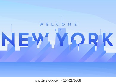 Vector minimalistic flat illustration. Futuristic city. Silhouettes of buildings with gradient fill. Minimalistic landscape. Double exposure text. Template for website with free space for text. 