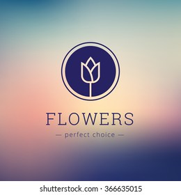 Vector Minimalistic Flower Shop Logo. Tulip Brand Sign On Blurred Background