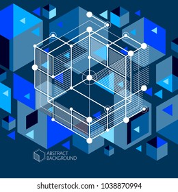Vector minimalistic geometric abstract 3D blue black composition in futuristic style. Modern geometric composition can be used as template and layout. 