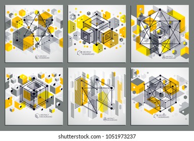 Vector minimalistic geometric abstract 3D yellow compositions set in futuristic style. Modern geometric composition can be used as template and layout. 