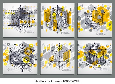 Vector minimalistic geometric abstract 3D yellow compositions set in futuristic style. Modern geometric composition can be used as template and layout. 