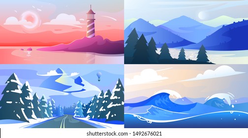 Vector minimalistic gradient landscape with mountains and wood. Flat style. Abstract background of lighthouse on the coast, national park with a lake, stormy sea with waves. Set of landscapes template