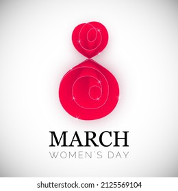 Vector Minimalistic Greeting Card for International Women's Day. Decorative Glittering Red Text 8 March. Line Art Banner.