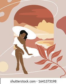 Vector minimalistic hand drawn  illustration of sitting girl in hat and maxi dress. Creative abstract artwork. Template for postcard, poster, banner, print for t-shirt, label,  patch.