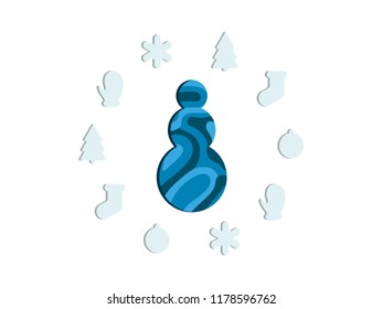 Vector minimalistic Happy new year, Christmas card with snowman. Design for seasonal flyers, banners, posters.