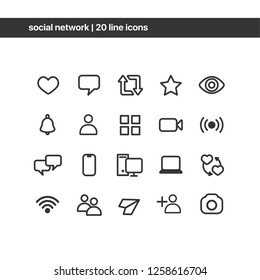 Vector minimalistic icons set. 
Social media. Web development elements for web design. Like, comment, repost, star, views, notification, photo, broadcast, dialogue, phone, laptop, 