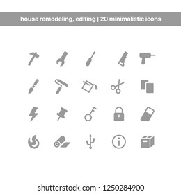 Vector minimalistic icons set. Web development elements for web design. House remodeling, editing. 
Hammer, wrench, brush, roller, fill, saw, drill, copy, paste, eraser, lightning, key, lock, icons