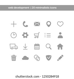 Vector minimalistic icons set. Web development elements for web design.  Add, contact, mail, geo, like, clock, settings, shopping card, profile, delivery, calendar, search, home, trashcan, cloud icons
