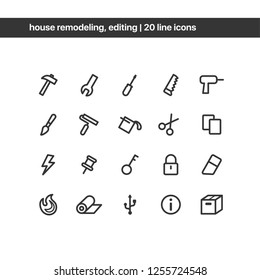 Vector minimalistic icons set. Web development elements for web design. House remodeling, editing. 
Hammer, wrench, brush, roller, fill, saw, drill, copy, paste, eraser, lightning, key, lock, icons