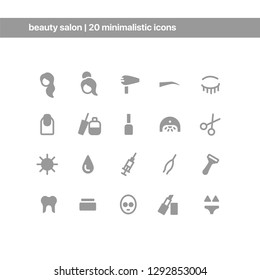 Vector minimalistic icons set. Web development elements for  site & UI. Beauty salon. Hair dryer, styling, eyebrows, eyelashes, manicure, led lamp, nail, makeup, cream, care, tooth, injection icons