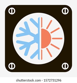 Vector minimalistic illustrated object, symbol, fan icon, with snowflake and sun instead of blades, designed for ventilation, warming, cooling