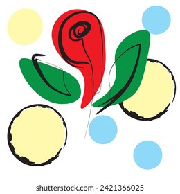Ilustración minimalista vectorial. Rosa abstracta con líneas ornamentales distintivas. Colores fuera de las líneas. Resumen, minimalista, rosa, planta, romántico, afiche. Cultivo de flores, amor, jardín.