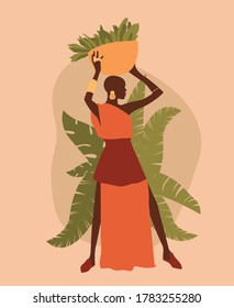 
Vector minimalistic illustration of an African woman with a pot on her head.