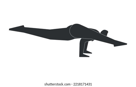 Vector Minimalistic Illustration With Black Silhouette Of Female Character. Sportive Woman Learns Yoga Posture Eka Pada Koundinyanasana II. Fitness Exercise - Pose Dedicated To The Sage Koundinya 2