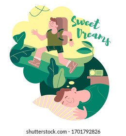 Vector minimalistic illustration. Character dreaming during self-isolation