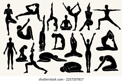 Vector minimalistic illustration collection. Creative yoga abstract artwork with hand drawn silhouette . Template for card, poster, banner, print for t-shirt, pin, badge, patch.