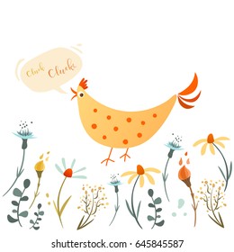 Vector minimalistic illustration with field flowers and cute yellow chicken in cartoon style. Text bubble.